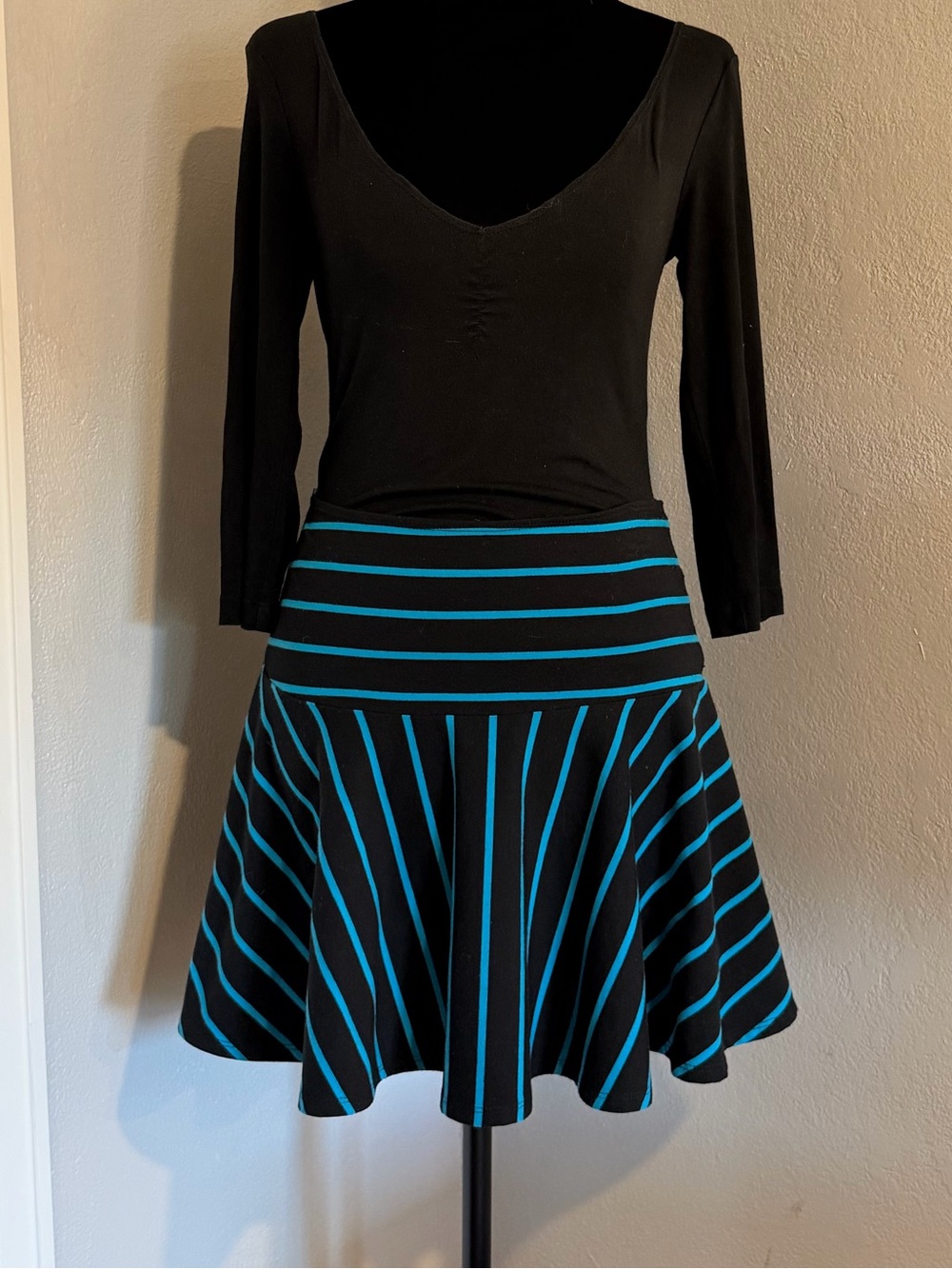 VINTAGE Betsey Johnson Black & Teal Striped Skater Skirt / Y2K Flare Mini / M